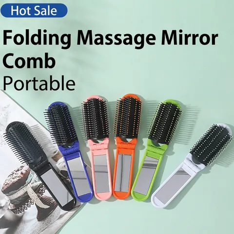 Portable Foldable Hair Comb With Mirror Mini Travel Massage Hairbrush Nylon Bristles PP Plastic For Women Kids