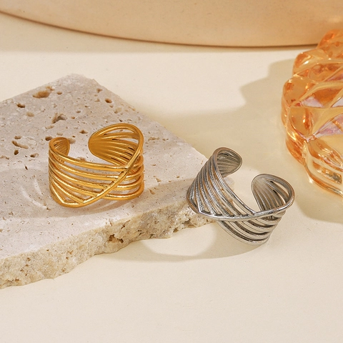 Anillo De Líneas Cruzadas Multicapa Minimalista De Acero Inoxidable Geométrico Hueco Apertura Ajustable Joyería Para Mujer