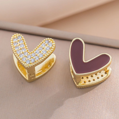 Boucles Oreilles Huggie Coeur Cuivre Avec Zircon Et Email Double Face Bijoux Mode Exquis Pour Femmes