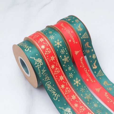 Christmas Grosgrain Ribbon Gold Stamped Merry Christmas Tree Reindeer Snowflake Pattern For Gift Wrapping DIY Crafts