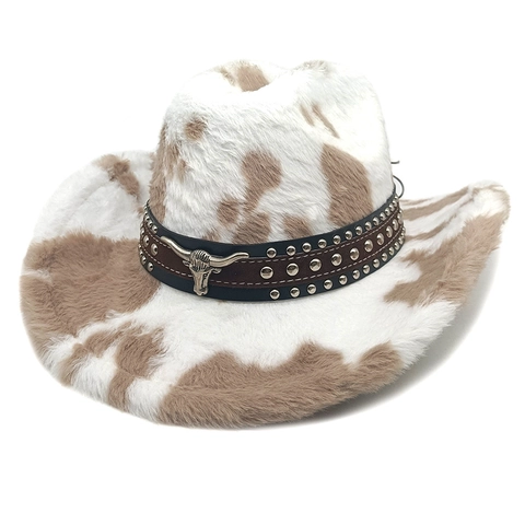 Chapeau De Cow-Boy Western Imprimé Vache Fausse Fourrure Large Bord Avec Bande Cuir À Rivets Et Tête De Taureau