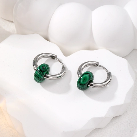 Stainless Steel Hoop Earrings With Natural Stone Beads Retro Geometric Huggie For Women Versatile Jewelry Gift