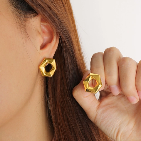 Orecchini Geometrici Esagonali Minimalisti In Acciaio Inossidabile Cavi Stile Moderno Placcati Oro 18K Gioielli