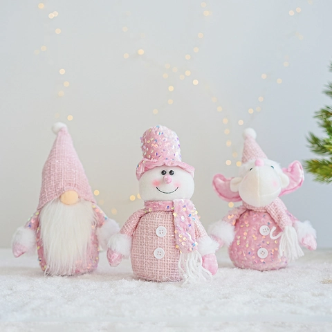 Adornos De Navidad De Peluche Con Lentejuelas Rosas Gnomo Muñeco De Nieve Ciervo Decoración De Mesa Fiesta Tela Piel Sintética