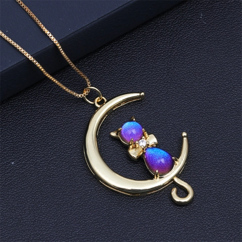 Collana Con Ciondolo Gatto Sulla Luna Rame Zircone Strass Gioielli Per Donna Regalo Di Compleanno Moda Elegante