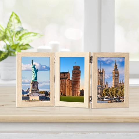 Marco De Fotos Triple Plegable De Madera Marco Con Bisagras Para Mesa Escritorio Decoración Moderna Hogar