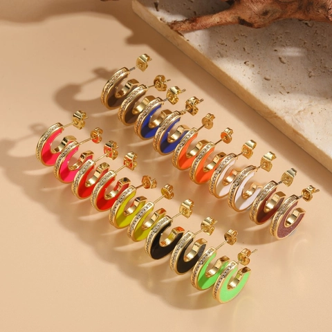 Colorful Enamel C-Shaped Earrings Copper Cubic Zirconia And Enamel Geometric Semi-Circle Studs Women Fashion Jewelry
