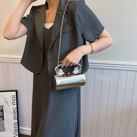 Cylindrical Evening Bag Acrylic Mirror Clutch With Lion Dragon Head Handle Metal Chain Crossbody Handbag For Women