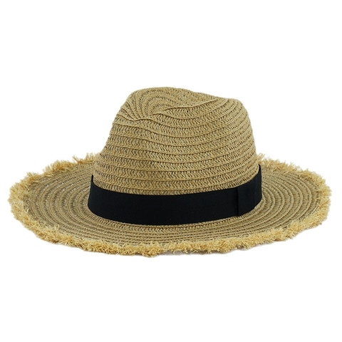 Wide Brim Straw Sun Hat Fringed Edge Paper Straw Beach Summer Panama Fedora Style Breathable For Women
