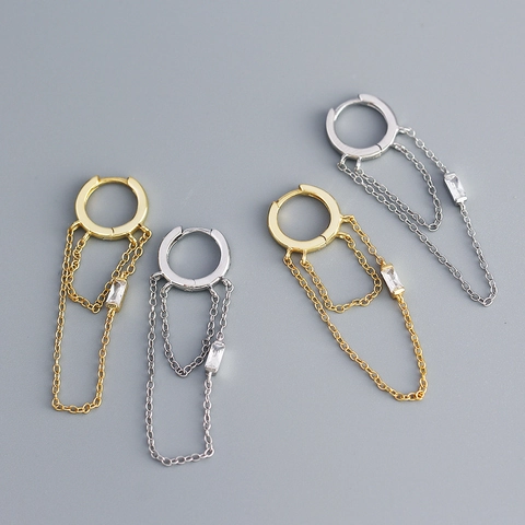 Orecchini A Cerchio In Argento Sterling 925 Con Nappa A Doppia Catena E Zircone Rettangolare Eleganti Da Donna