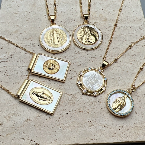 Religious Pendant Necklace Copper Gold Plated White Mother Of Artificial Pearl Virgin Mary Guadalupe Vintage Catholic Jewelry Women