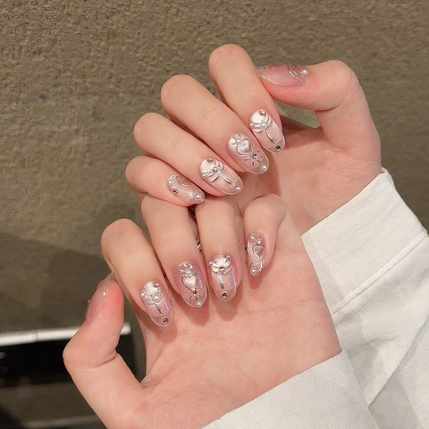 Uñas Postizas Press On Ojo De Gato Degradado Rosa Estilo Francés Uñas Artificiales Con Lazo De Aleación 3D Corazón Perla Artificial Diamantes De Imitación Dulce Princesa Manicura De Ensueño