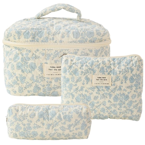 Quilted Cotton Floral Cosmetic Bag Portable Toiletry Storage Pouch Travel Makeup Organizer Handle Box Case For Women