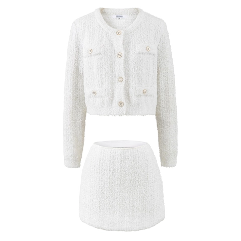 Damen Tweed Strukturierte Strickjacke Und Minirock Eleganter Langarm Rundhalsausschnitt Goldener Knopf Büro Outfit