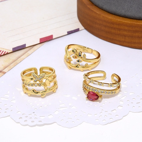 Anello Aperto Regolabile Rame Zircone Farfalla Foglia Goccia Acqua Rossa Placcato Oro Gioielli Di Moda Per Donne Dolce