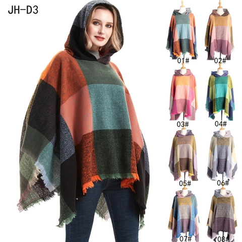 Women Hooded Poncho Shawl Plaid Tassel Color Block Polyester Winter Warm Casual Outerwear Wrap