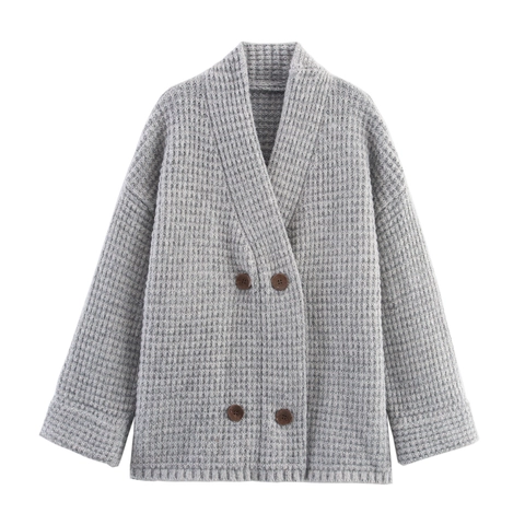 Waffel Strickjacke Cardigan Doppelreihig V Ausschnitt Langarm Kaschmirmischung Vintage Oberteil Damen