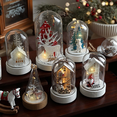 Christmas Glass Dome Led Night Light Wooden Base Miniature Snow Scene Santa Reindeer Desktop Ornament Holiday Decoration