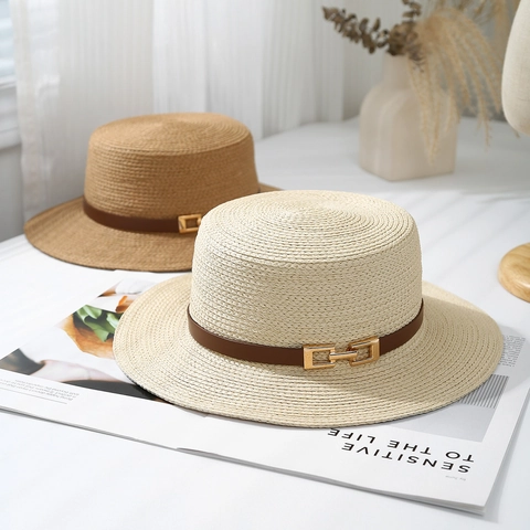 French Style Boater Straw Hat For Women Summer Beach Sun Protection With Leather Strap Gold Metal Buckle Adjustable Flat Top