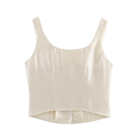 Women Satin Tank Top Button Down Sleeveless Camisole Elegant Slim Fit Cropped Solid Color Creamy White Vest