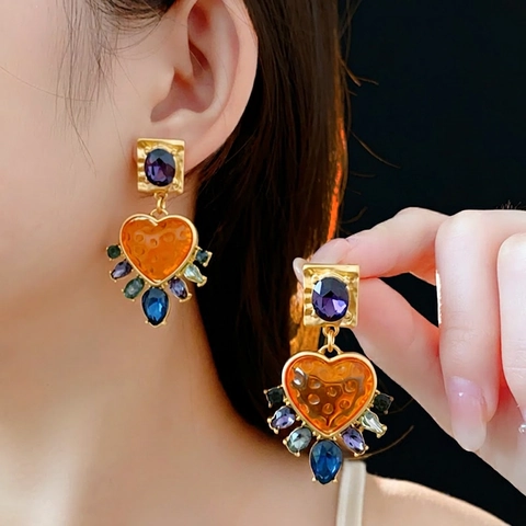 Vintage Heart Drop Earrings With 925 Sterling Silver Earring Post Copper Resin Rhinestone Palace Style Jewelry For Women