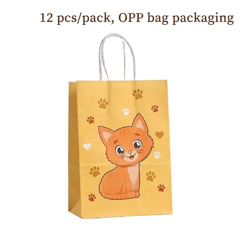 Cartoon Cat Paper Gift Tote Bags With Handles For Kids Birthday Party Favors Cute Printed Animal Pattern Kraft Packaging