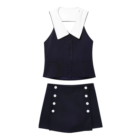 Gilet Sans Manches Pour Femmes Et Jupe À Boutons Bordure Contrastée Revers Taille Haute Style Streetwear Preppy