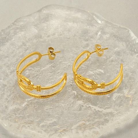 Boucles D'oreilles Créoles En C Pour Femmes Acier Inoxydable Plaqué Or 18K Multi Couches Texture Perle Géométrique