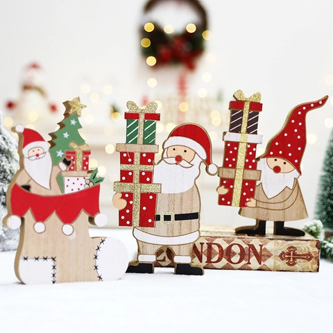 Christmas Wooden Desktop Ornament Santa Claus Gnome Gift Box Festive Table Decoration Painted Wood Statue Holiday Party Decor
