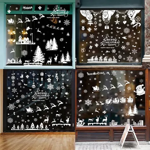 Christmas Window Stickers Static Cling Reusable PVC Santa Claus Reindeer Snowflake Holiday Glass Decals White Shop Window