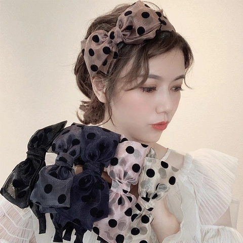 Diadema Con Lazo De Lunares De Malla Para Mujer Accesorio De Pelo Retro Dulce Grande Tela De Tul