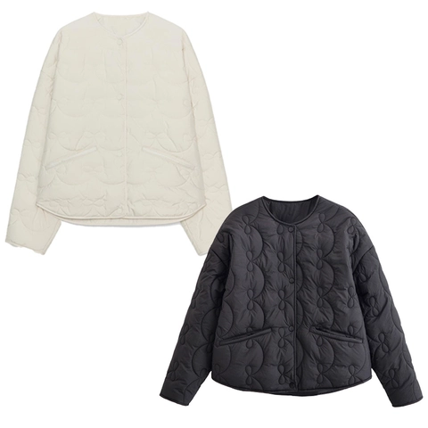 Veste Matelassée Femmes Polyester Légère Col Rond Motif Ondulé Automne Hiver Décontracté Manteau Boutonné
