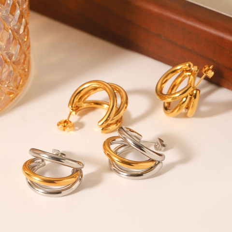 Stainless Steel Multi Layer C Shaped Hoop Earrings For Women Mixed Gold Silver Color High Polished Geometric Studs