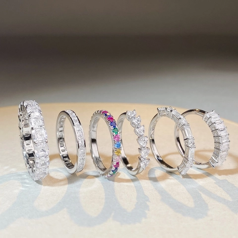 Anillo De Eternidad De Plata De Ley 925 Arcoíris Circonita Cúbica Colorida Corte Esmeralda Cuadrado Simple Para Mujeres