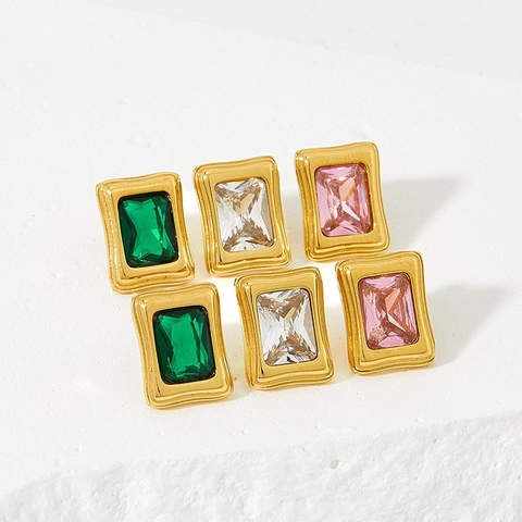 Geometric Rectangular Zircon Stud Earrings Stainless Steel Gold Plated Minimalist Vintage Jewelry For Women