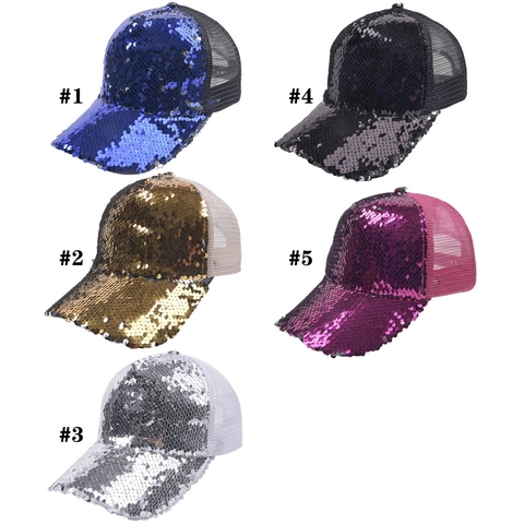 Sequin Baseball Cap Cotton Mesh Trucker Hat Adjustable Shiny Bling Sun Protection Outdoor Performance For Women
