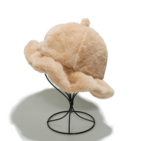 Winter Plush Faux Fur Bucket Hat Warm Windproof Pom Pom Wavy Brim Solid Color Basin Hat For Women Chic Elegant