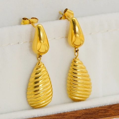 Pendientes Colgantes De Gota De Agua Chapados En Oro De 18K Acero Inoxidable 304 Textura Espiral Estilo INS Para Mujeres