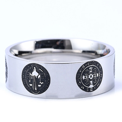 St Benedict Medal Ring Stainless Steel Religious Cross Vintage Band Jewelry For Men Women Christian Retro Design