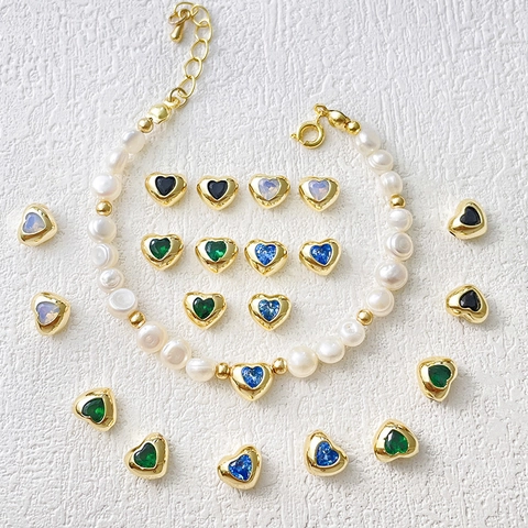 Cuentas Espaciadoras De Corazón Chapado En Oro Cobre Con Circonita Para DIY Pulsera Collar Joyería Accesorios
