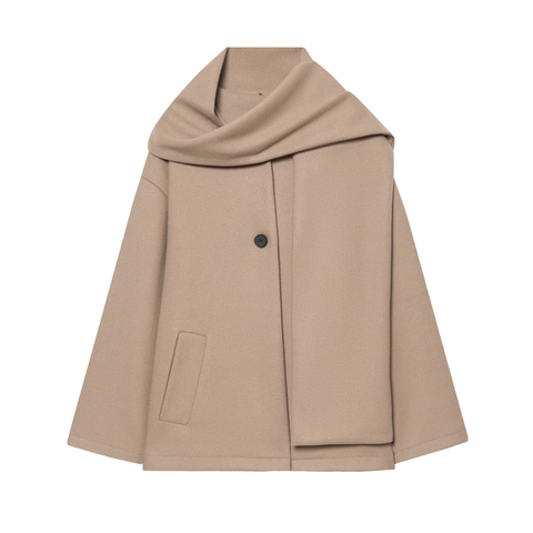 Women Short Woolen Texture Jacket Scarf Collar Single Breasted Solid Color Elegant Winter Outerwear Coat