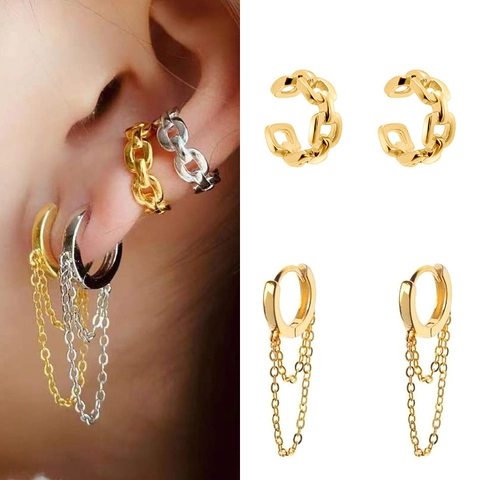 Gold Plated Copper Cuban Link Chain Ear Cuffs And Long Tassel Hoop Earrings Set For Women Punk Hip Hop Style