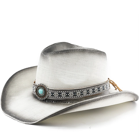 Chapeau De Cow-Boy En Paille Respirant Protection Solaire Large Bord Style Rétro Ethnique Avec Bande De Perles Turquoise