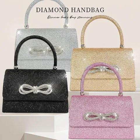 Rhinestone Bow Evening Bag Sparkly Glitter Sequin Handbag With Chain Strap Elegant Banquet Party Clutch For Women