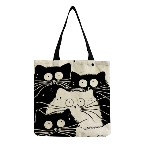 Cartoon Cute Exploded Hair Cat Cotton Linen Shopping Bag Large Capacity Reusable Eco Friendly Grocery Tote Bag For Women Daily Work Use