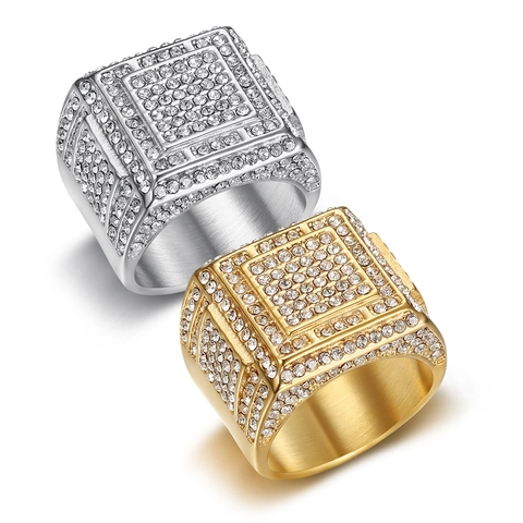 Anello Quadrato Hip Hop Da Uomo Acciaio Inossidabile Placcato Oro Iced Out Zirconia Cubica Gioielli Di Lusso Punk Party