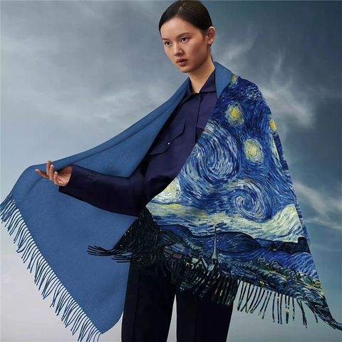 Famous Oil Painting Art Print Imitation Cashmere Scarf For Women Winter Warm Tassel Shawl Wrap Retro Artistic Pashmina Accessory