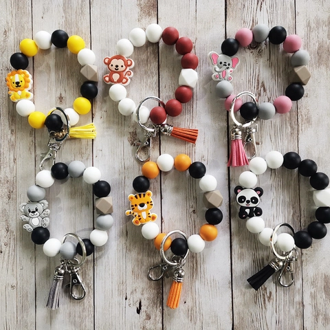 Handmade Silicone Beaded Keychain Wristlet Bracelet For Women Tassel Key Ring Holder With Animal Letter Pendant Fashion Jewelry