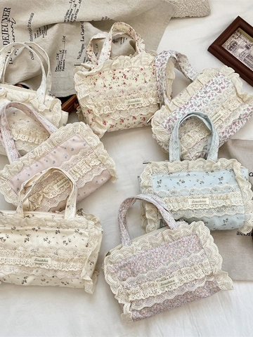 Floral Canvas Handbag With Lace Edge Sweet Japanese Pastoral Style Retro Tote Bag For Women Casual Daily Use