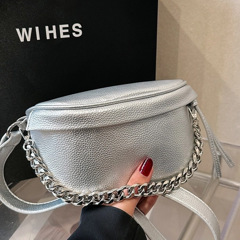 Bolso Bandolera Mujer Cuero PU Grano Lichi Forma Media Luna Con Cadena Metal Plateado Correa Ajustable Informal